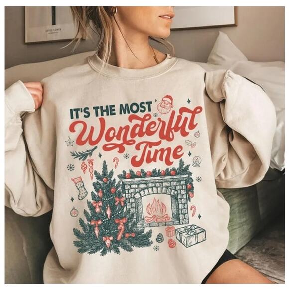 Unbranded Tops - Beige Christmas Sweatshirt Wonderful Time Print Cozy Holiday Trendy Party Medium